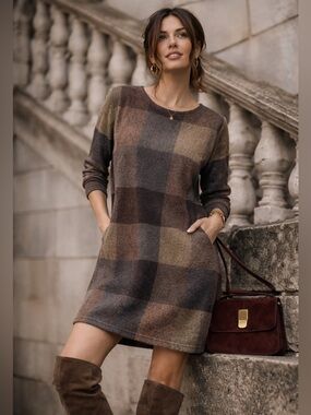O-NELCE Patchwork Knit Plaid Knee Length Shift Dress Earth Tone Sz M Lagenlook